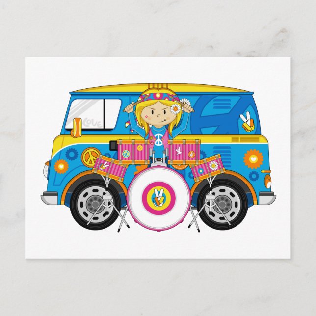 Hippie Girl with Drums and Camper Van Postcard (Front)