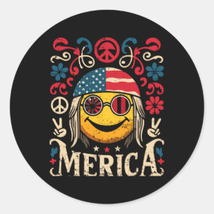 Hippie Groovy Face July 4th Us Flag Groovy Decor M Classic Round Sticker