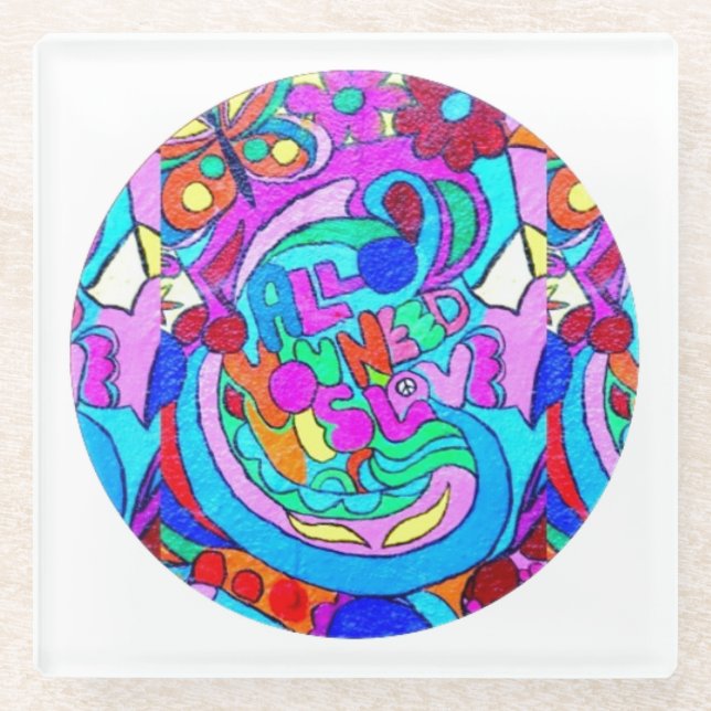 hippie groovy love circle glass coaster (Front)