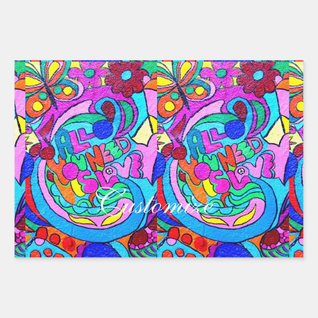 Hippie groovy peace and love wrapping paper sheet (Front 2)