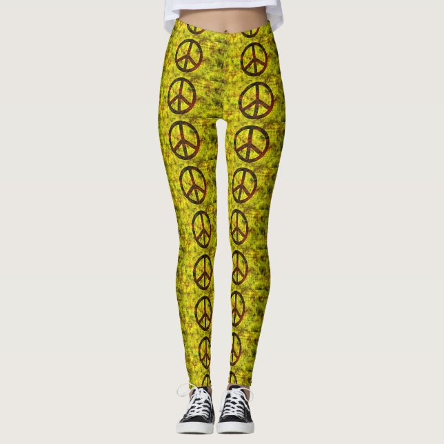 hippie groovy peace symbols yellow leggings (Front)
