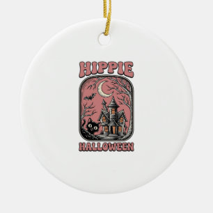 Hippie Halloween Cat Haunted House Vintage Design_ Ceramic Ornament