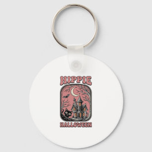 Hippie Halloween Cat Haunted House Vintage Design_ Keychain