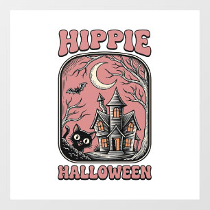Hippie Halloween Cat Haunted House Vintage Design_ Window Cling
