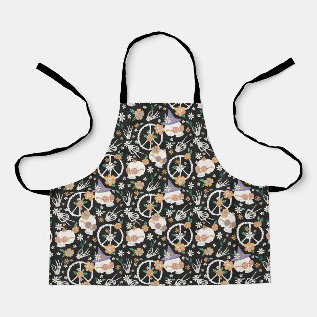 Hippie Halloween Skulls and Flowers Pattern Apron (Front)