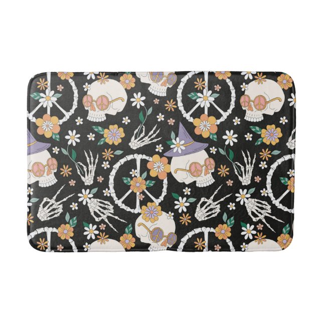 Hippie Halloween Skulls and Flowers Pattern Bath Mat (Front)