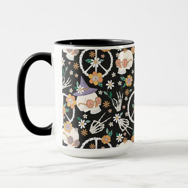 Hippie Halloween Skulls and Flowers Pattern Mug (Left)