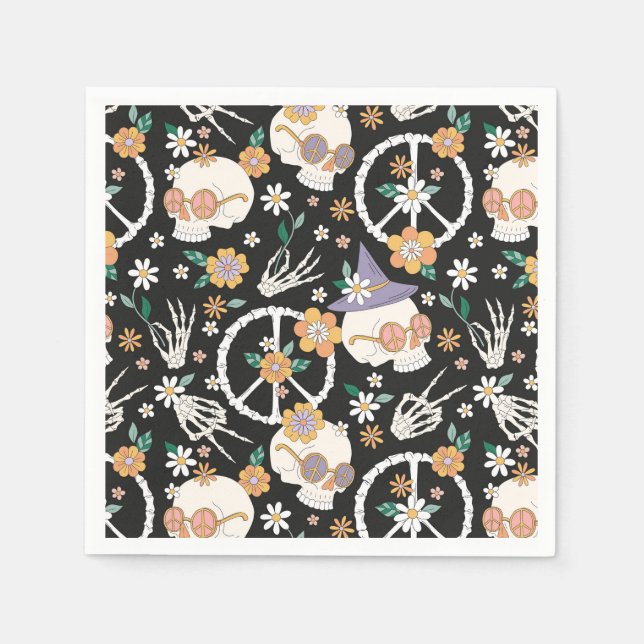 Hippie Halloween Skulls and Flowers Pattern Napkin (Front)