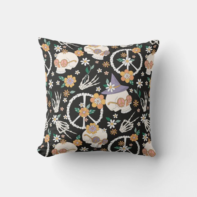 Hippie Halloween Skulls and Flowers Pattern Throw Pillow (Front)