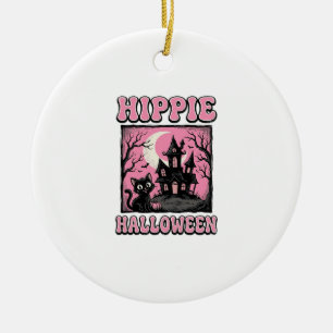 Hippie Halloween Vintage Haunted House Cat Shirt_1 Ceramic Ornament