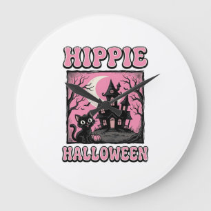 Hippie Halloween Vintage Haunted House Cat Shirt_1 Large Clock