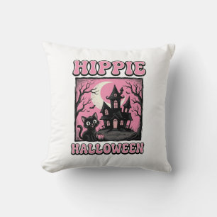 Hippie Halloween Vintage Haunted House Cat Shirt_1 Throw Pillow