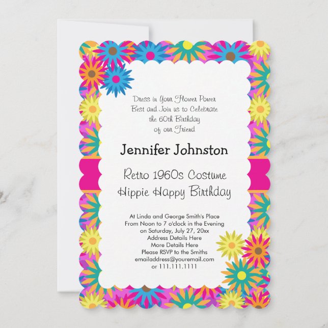 Hippie Happy 1960s Retro Theme Flower Power Party Invitation (Back)