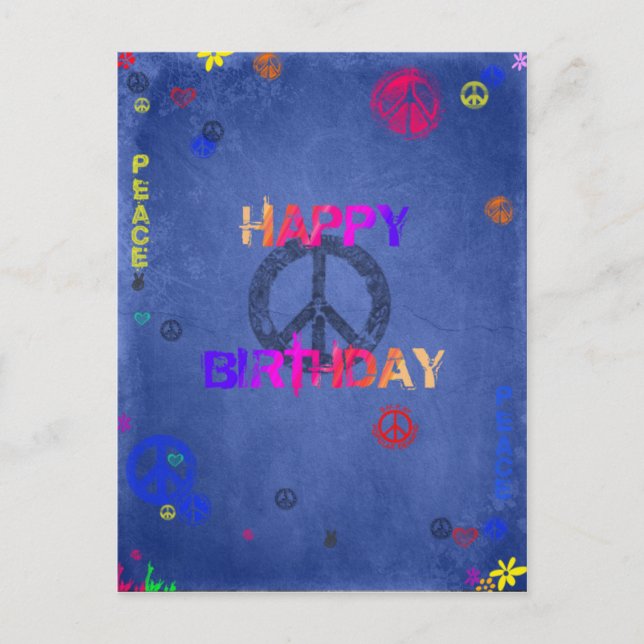 Hippie Happy Birthday Card Blue Postcard (Front)