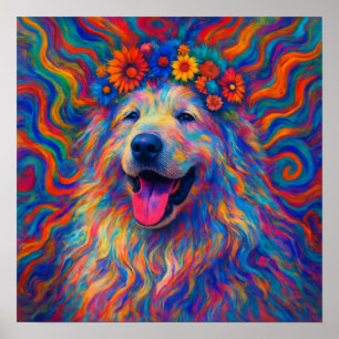 Hippie Happy Great Pyrenees Dog Art Portrait Poster
