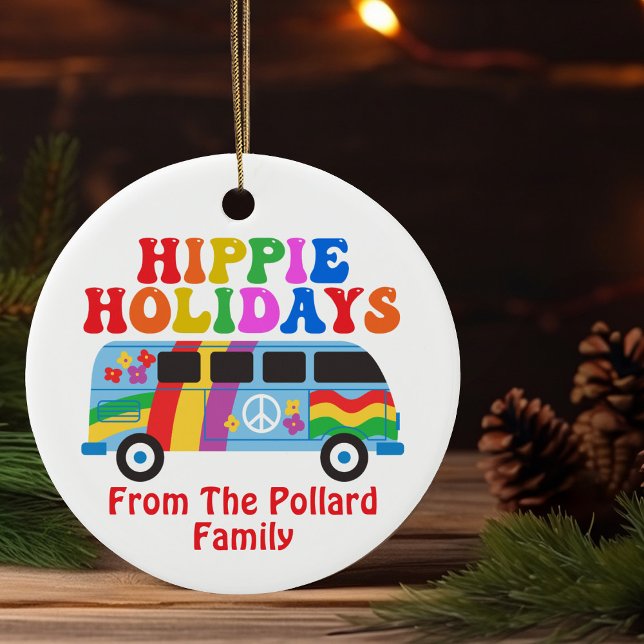 Hippie Holidays Cute Retro 70s Custom Christmas Ceramic Ornament (Creator Uploaded)