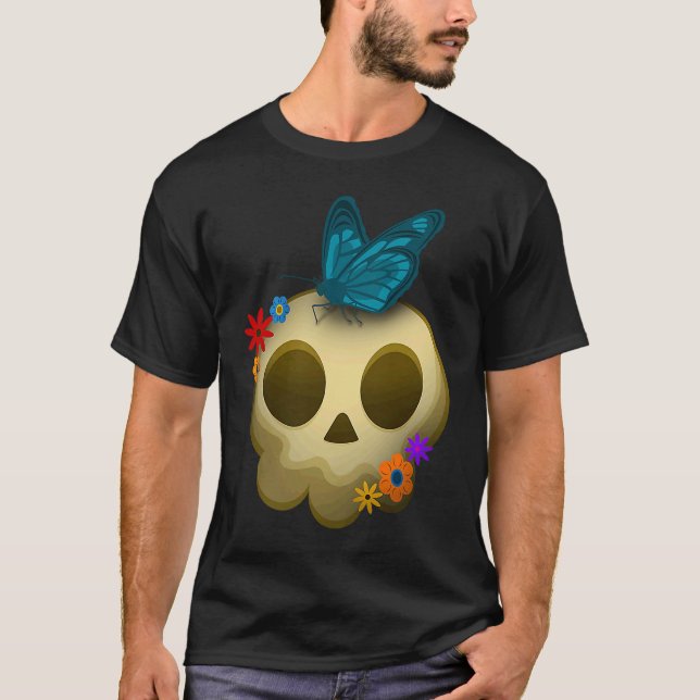 Hippie Mini Sugar Skull Gothic Head Floral Butterf T-Shirt (Front)
