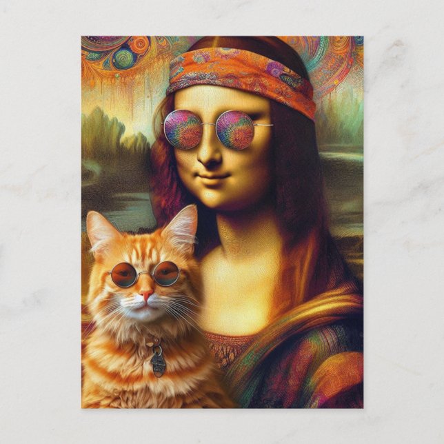 Hippie Mona Lisa and Her Ginger Cat Postcard (Front)