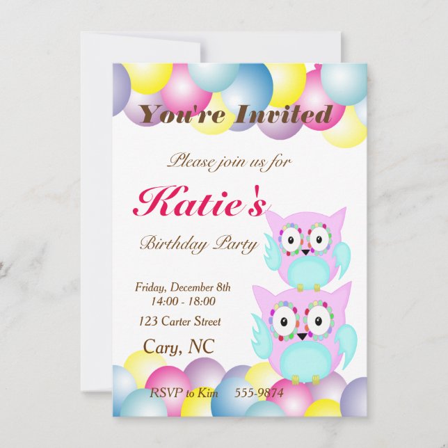 hippie multicolored floral owl invitation (Front)
