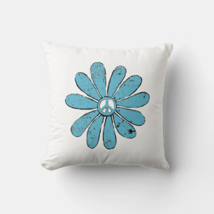 Hippie Peace Sign Flower Aqua Distressed Look Throw Pillow
