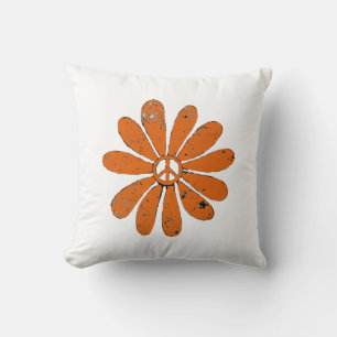 Hippie Peace Sign Flower Orange Distressed Look Throw Pillow