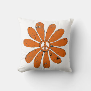 Hippie Peace Sign Flower Orange Distressed Look Throw Pillow