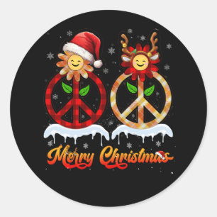 Hippie Peace Sign Plaid Santa Hat Reindeer Merry C Classic Round Sticker