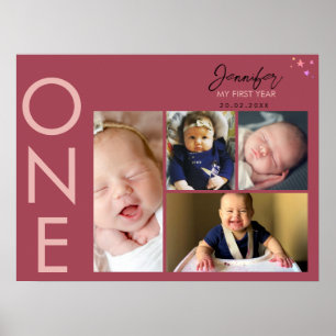 Hippie Pink My First Year Photo Collage Nursery  Poster