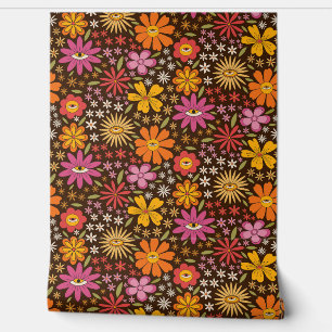 Hippie Psychedelic 70s Groovy Flowers Eye Pattern Wallpaper