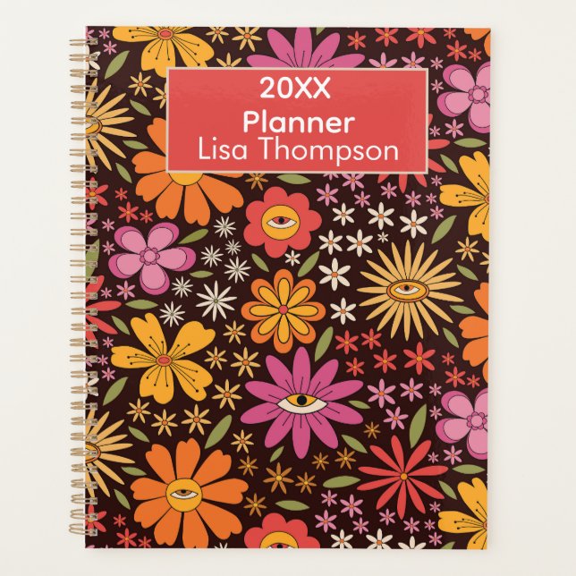 Hippie Psychedelic Groovy Flowers Eye Personalized Planner (Front)