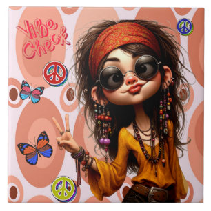 Hippie Quirky Girl Vibe Check Ceramic Tile