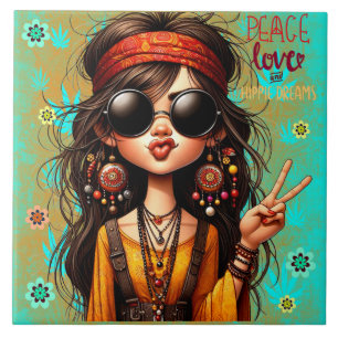 Hippie Quirky Peace & Love Ceramic Tile