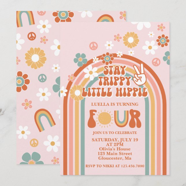 Hippie Rainbow 4th Birthday Invitation (Front/Back)