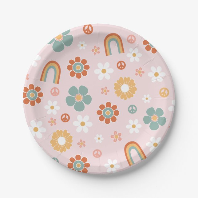 Hippie Rainbow Groovy Birthday Paper Plates (Front)