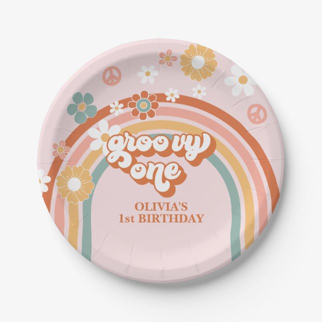Hippie Rainbow Groovy One 1st Birthday Paper Plate (Front)