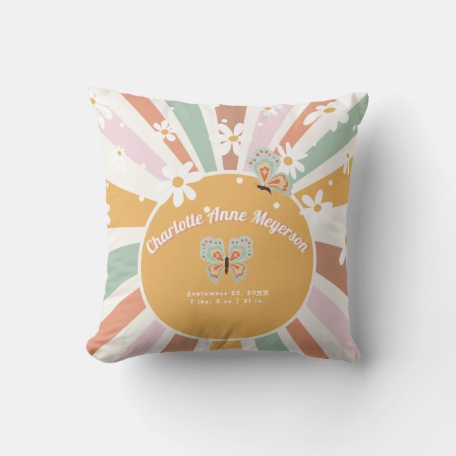 Hippie Retro 70s Sunshine Daisy Baby Birth Stats Throw Pillow (Front)