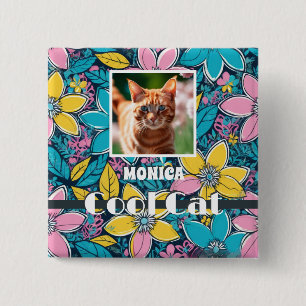 Hippie Retro Floral Groovy Cool Cat Custom Photo 2 Inch Square Button