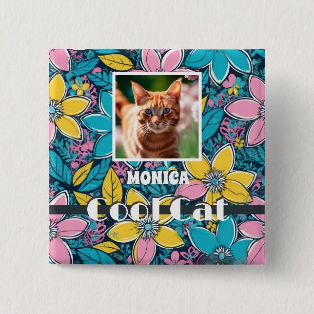 Hippie Retro Floral Groovy Cool Cat Custom Photo 2 Inch Square Button (Front)