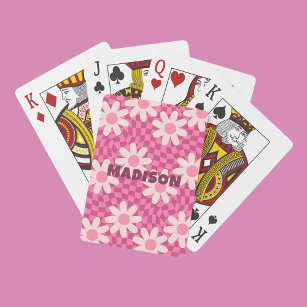 Hippie Retro Groovy Pink Daisy Flowers Custom Name Playing Cards