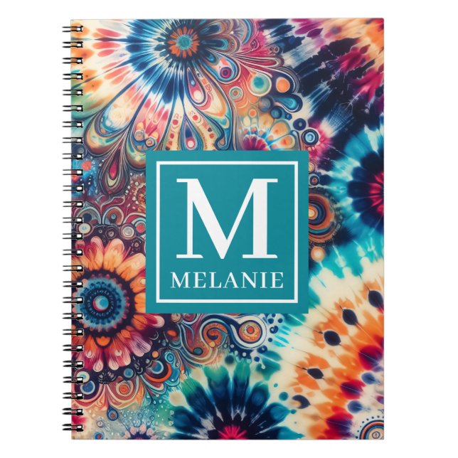 Hippie Retro Tie-Dye Monogrammed Notebook (Front)