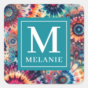 Hippie Retro Tie-Dye Monogrammed Square Sticker