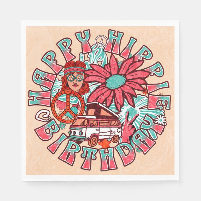 Hippie Retro Vintage Colours Birthday Napkin (Front)