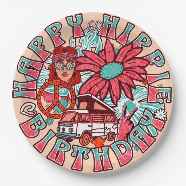 Hippie Retro Vintage Colours Birthday Paper Plate (Front)