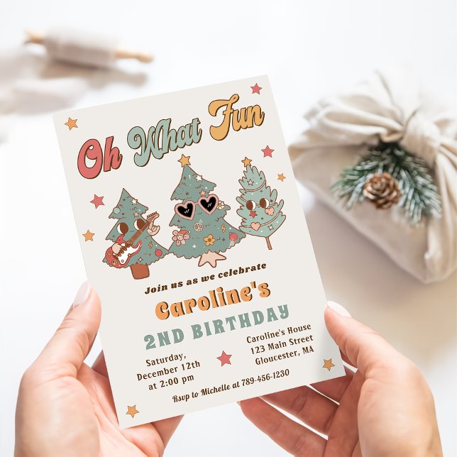 Hippie Rockin' Christmas Tree Birthday Oh What Fun Invitation (Creator Uploaded)