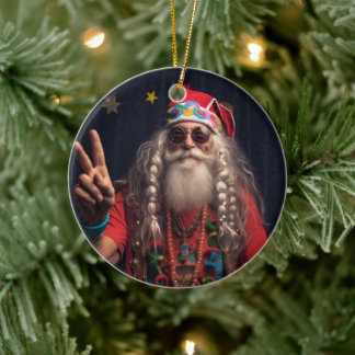 Hippie Santa Ornament, Hippie Christmas Decor Ceramic Ornament