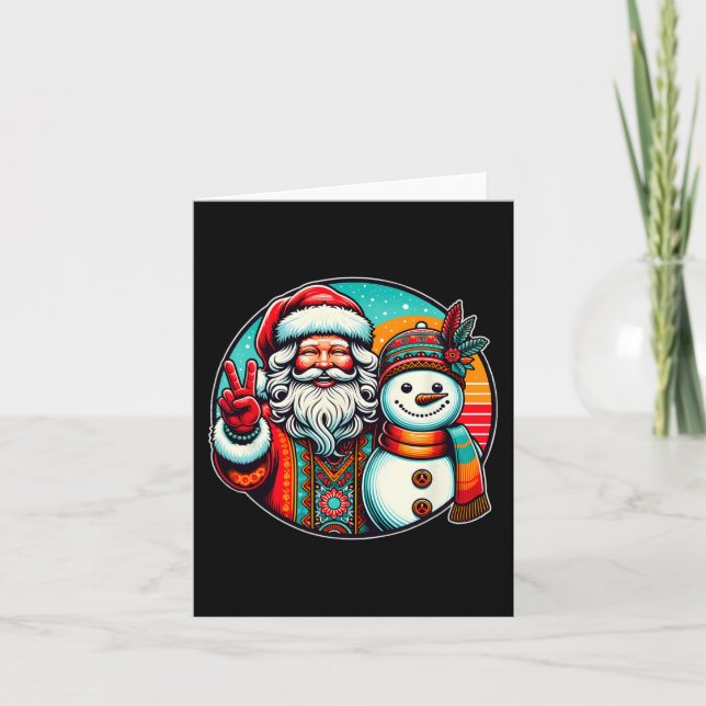 Hippie Santa Retro Snowman Bohemian Christmas  Card (Front)