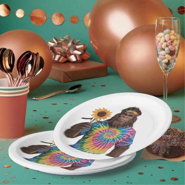 Hippie Sasquatch in Tiedye With Sunflower Paper Plate (Multi)