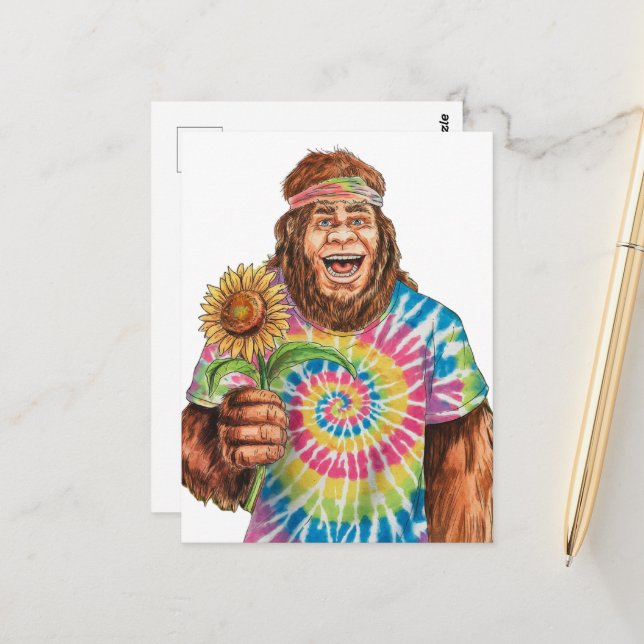 Hippie Sasquatch With Sunflower Postcard (Front/Back In Situ)
