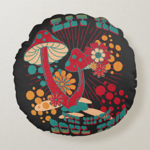Hippie Soul Trip Summer Vintage Mushroom Round Pillow