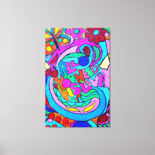hippie style colourful peace and love canvas print